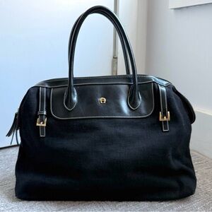Etienne Aigner Vintage Black Linen & Faux Leather Large Tote Bag - Gold Hardware